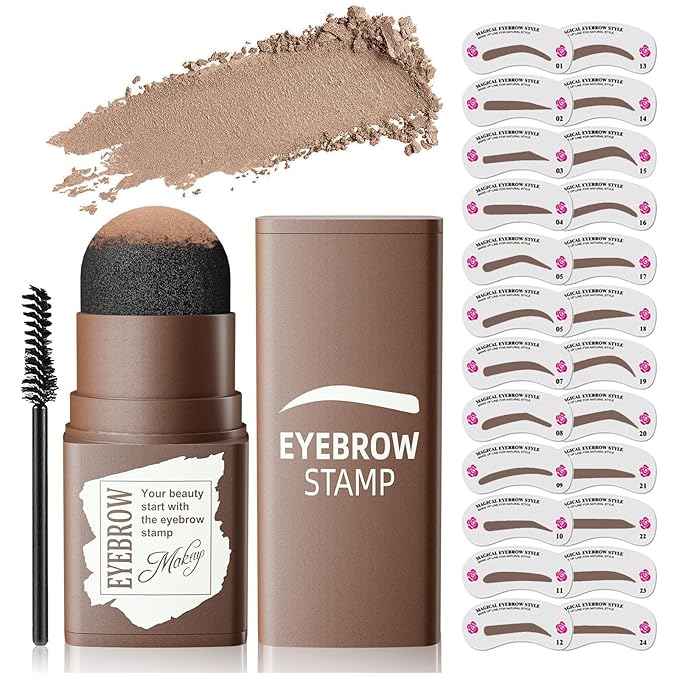 Eyebrow Stamp Stencil Kit - Eye Brow Stencil Kit for Beginners, Brow Stencil and Stamp Kit Long-lasting, Smudge-Proof & Waterproof, 24 Reusable Eyebrow Shapes Stencils for Perfect Brow (Light Brown)