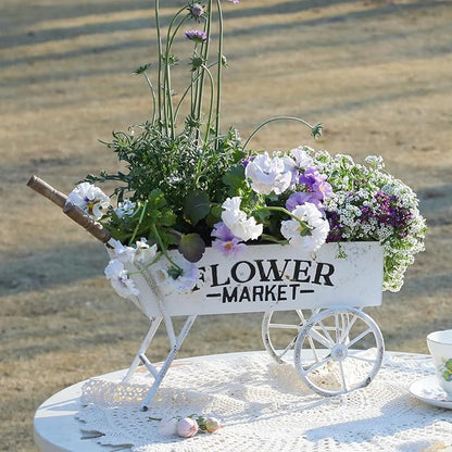 15 Inch Farmhouse Small Flower Cart with Wooden Handles Metal Wagon Planters for Outdoor Plants Decorative Wheelbarrow Plant Cart for Patio Garden Balcony White
