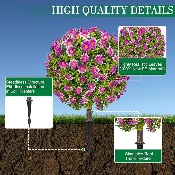 25" Artificial Boxwood Topiary Ball Trees with Purple Daisy, Fake Mums Plants with Ground Spike，Set of 2 UV Resistant Faux Bushes, Fake Shrubs for Garden, Patio, Porch, Yard, Indoor