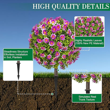 25" Artificial Boxwood Topiary Ball Trees with Purple Daisy, Fake Mums Plants with Ground Spike，Set of 2 UV Resistant Faux Bushes, Fake Shrubs for Garden, Patio, Porch, Yard, Indoor