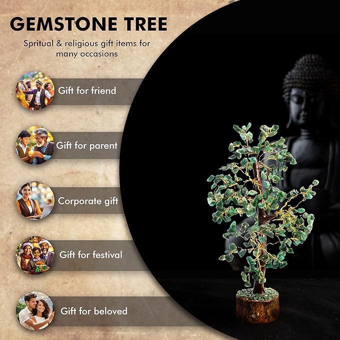 Wonder Care Green Jade Crystal Tree for Positive Energy Home Decorations with M-Seal & Golden Wire | Fortune Tree | Crystal Decor | Chakra Tree | Feng Shui Decor (300 Beads)