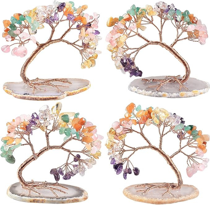 mookaitedecor Colorful Crystal Money Tree Agate Slice Base Feng Shui Bonsai Crystal Tree for Wealth Luck Desk Decor, 3-4 Inch High
