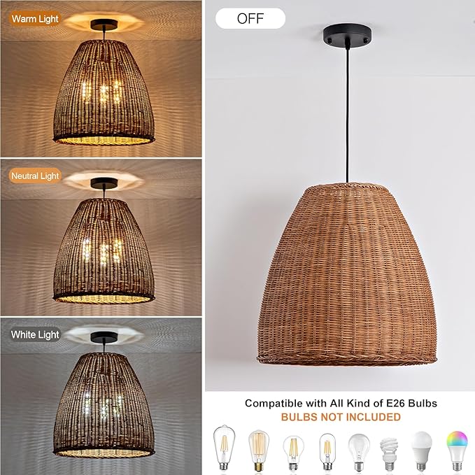 Rustic Rattan Chandelier Light Fixtures, 16.5IN Boho Hand Woven Pendant Light, 3-Lights Farmhouse Lampshade Dinning Room Hanging Lamp for Living Room Kitchen Island Hallway Bedroom Hallway