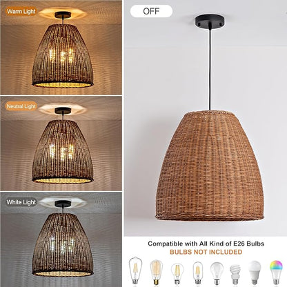 Rustic Rattan Chandelier Light Fixtures, 16.5IN Boho Hand Woven Pendant Light, 3-Lights Farmhouse Lampshade Dinning Room Hanging Lamp for Living Room Kitchen Island Hallway Bedroom Hallway