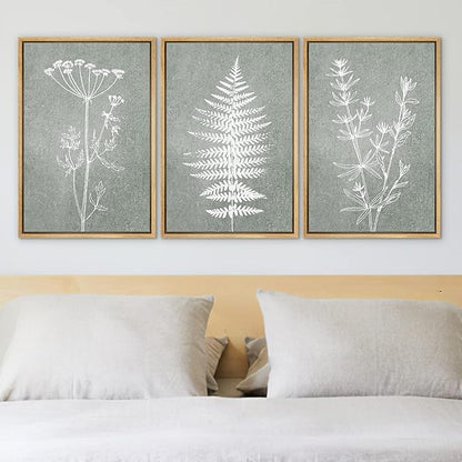 Ashbrook Framed Canvas Print Wall Art Set Green Forest Flower Plant Silhouette Nature Wilderness Illustrations Modern Art Rustic Chic Colorful for Living Room, Bedroom, Office - 24"x36"x3 Natural