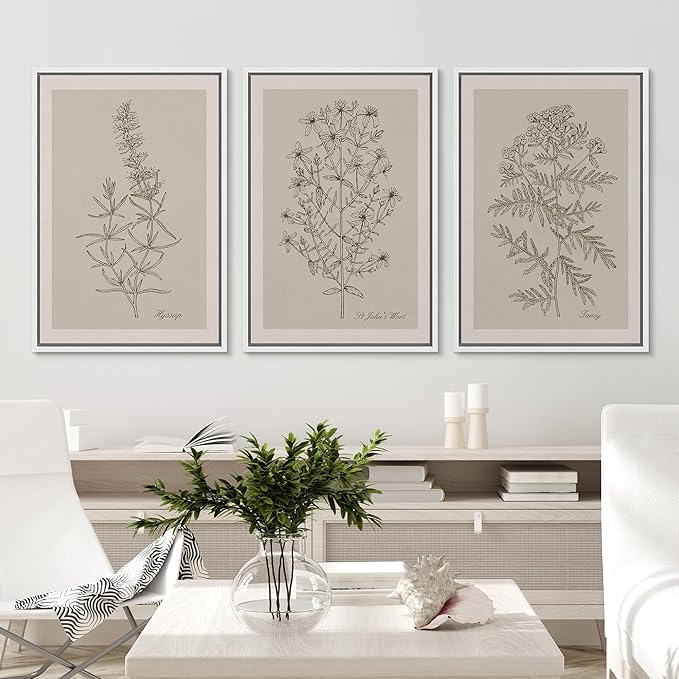 Ashbrook Framed Canvas Print Wall Art Set Duotone Vintage Flowers Nature Wilderness Illustrations Modern Art Decorative Floral Botanical Minimal Calm/Relax/Cozy for Bedroom - 16"x24"x3 WHITE
