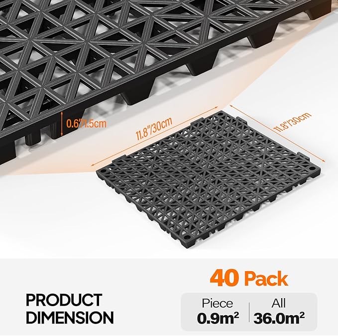 ROVSUN 40 PCS Interlocking Drainage Mat, 12’’x12’’ Drainage Tiles Interlocking,Soft PVC Floor Tiles, Non-Slip Drainage Holes for Restroom, Bathroom, Kitchen, Pool, Wet Areas,Black
