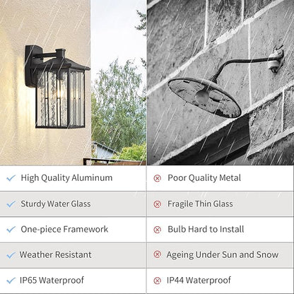 Outdoor Porch Light Fixtures, Black Wall Sconce Exterior Light, Large Front Ddoor Sconce Lights, Water Glass Outdoor Wall Lantern for Porch Garage House, 15”H