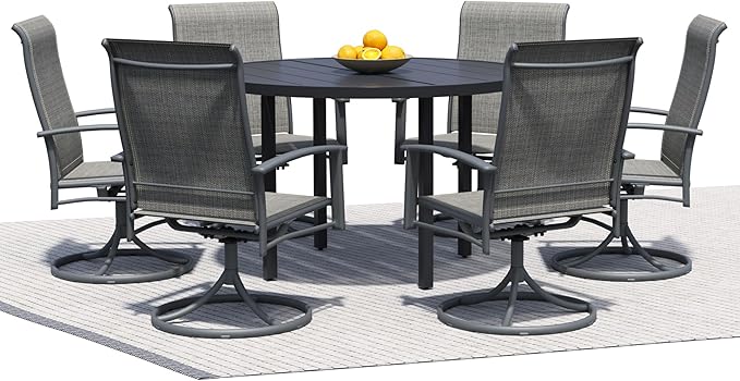 7 Piece Outdoor Dining Set, 47" Black Round Outdoor Dining Table with 6 Grey Swivel Patio Table and Chair Set of 6 for Lawn, Garden, or Porch