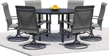 7 Piece Outdoor Dining Set, 47" Black Round Outdoor Dining Table with 6 Grey Swivel Patio Table and Chair Set of 6 for Lawn, Garden, or Porch