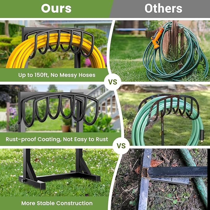 Garden Hose Holder with 4 Spikes, Water Hose Holders for Outside, 150ft Garden Hose Storage Heavy Duty Hose Hanger Metal Hose Stand Detachable Hose Reel Rack Organizer