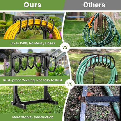 Garden Hose Holder with 4 Spikes, Water Hose Holders for Outside, 150ft Garden Hose Storage Heavy Duty Hose Hanger Metal Hose Stand Detachable Hose Reel Rack Organizer