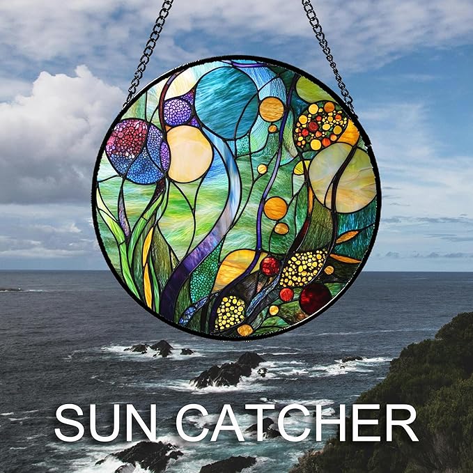 Stained Glass Window Hanging Blue Ocean Water Plants Flower 7.8" - Suncatcher Door Garden Sun Catcher Home Decor Birthday Christmas for Mom Men Woman Nana Friend