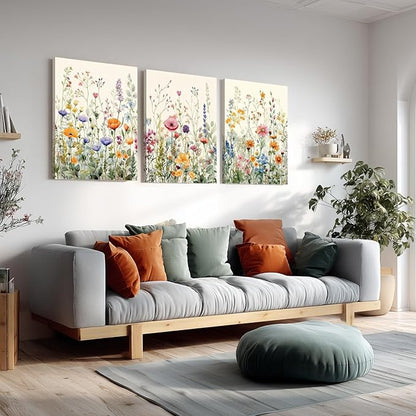 LLEEMPI Framed Watercolor Floral Wall Art Set of 3, Colorful Wildflower Wall Decor, Modern Abstract Botanical Canvas Painting, Rustic Farmhouse Poster Print for Bedroom Bathroom Office 12x16 Inch