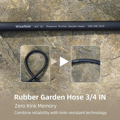 WiseFlow Garden Hose 75FT x 3/4", Heavy Duty Rubber Hose, Water Hose with Five Layered Braiding, Male Female Fittings, 1000PSI Burst, 300PSI Working (Black)