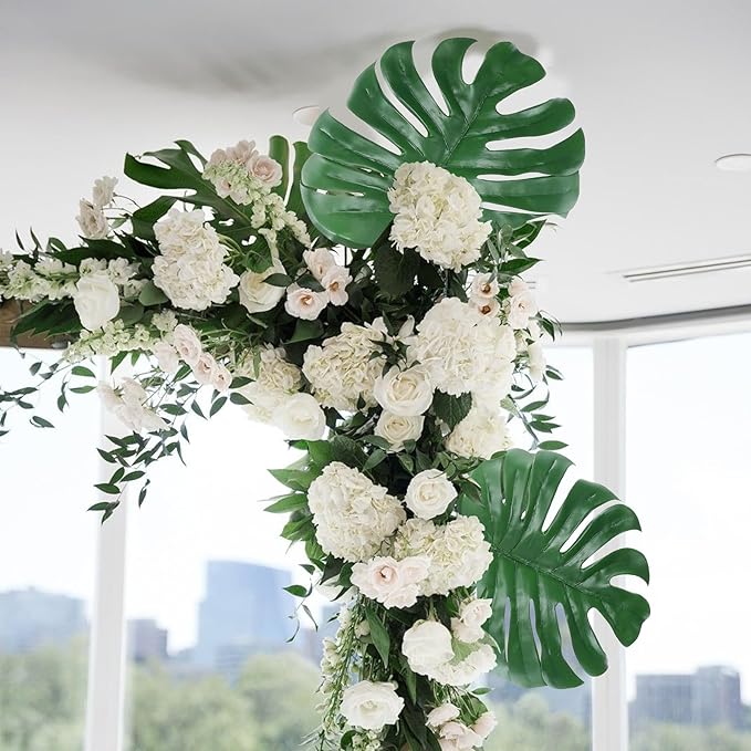 Artificial Monstera Leaves with Long Stem,Fake Tropical Palm Leaves for Hawaiian Luau Jungle Party Home Wedding Decor (4pcs Large)