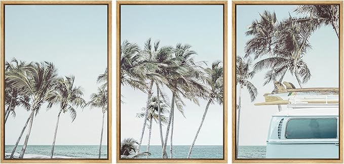 Ashbrook Framed Canvas Print Wall Art Set Retro Road Trip Palm Tree Beach Vacation Nature Wilderness Photography Realism Decorative Nautical Calm/Relax/Cozy for Bedroom - 24"x36"x3 NATURAL