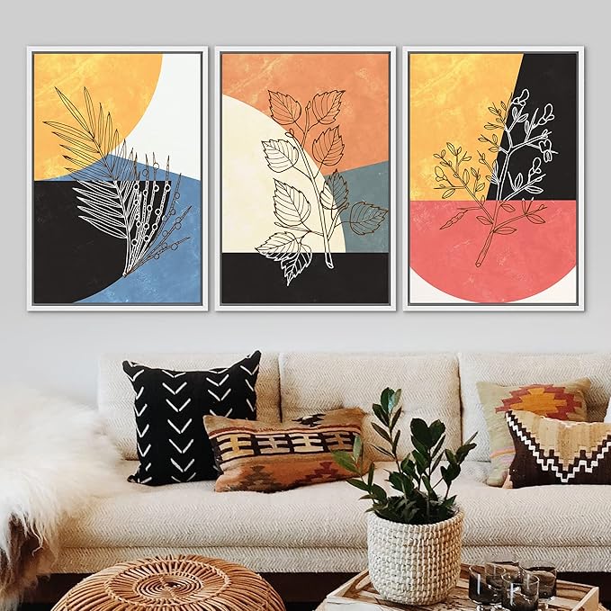 Ashbrook Framed Wall Art Print Set Geometric Mid-Century Color Block Plant Silhouettes Abstract Nature Illustrations Modern Art Boho Colorful for Living Room, Bedroom, Office - 24"x36"x3 White