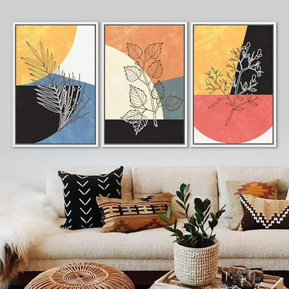 Ashbrook Framed Wall Art Print Set Geometric Mid-Century Color Block Plant Silhouettes Abstract Nature Illustrations Modern Art Boho Colorful for Living Room, Bedroom, Office - 24"x36"x3 White