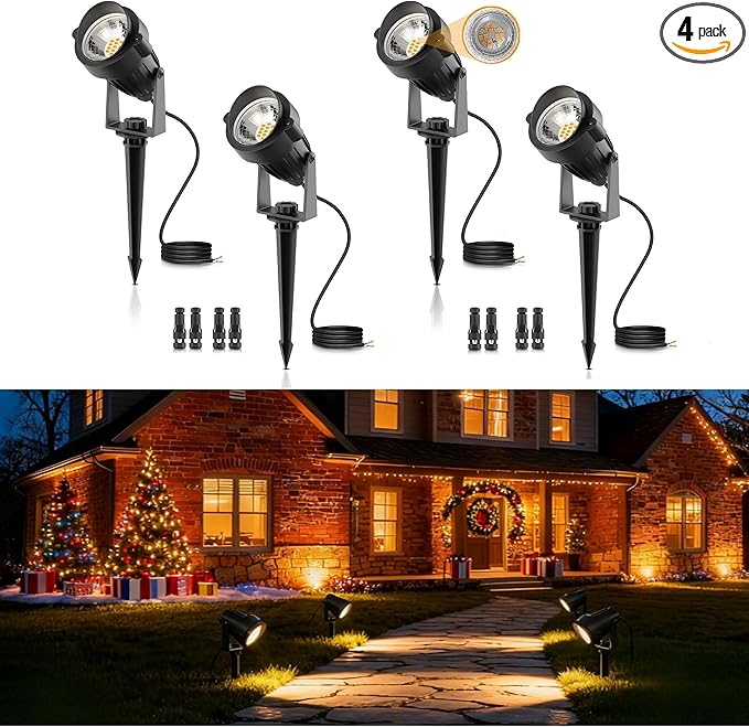 L LOHAS LED 5W Low Voltage Landscape Lighting, 12V 24V Outdoor Spot Lights with Connectors, IP66 Waterproof 3000K Warm White Plug in Spotlights for Yard, Garden, Pathway, House (4 Pack)
