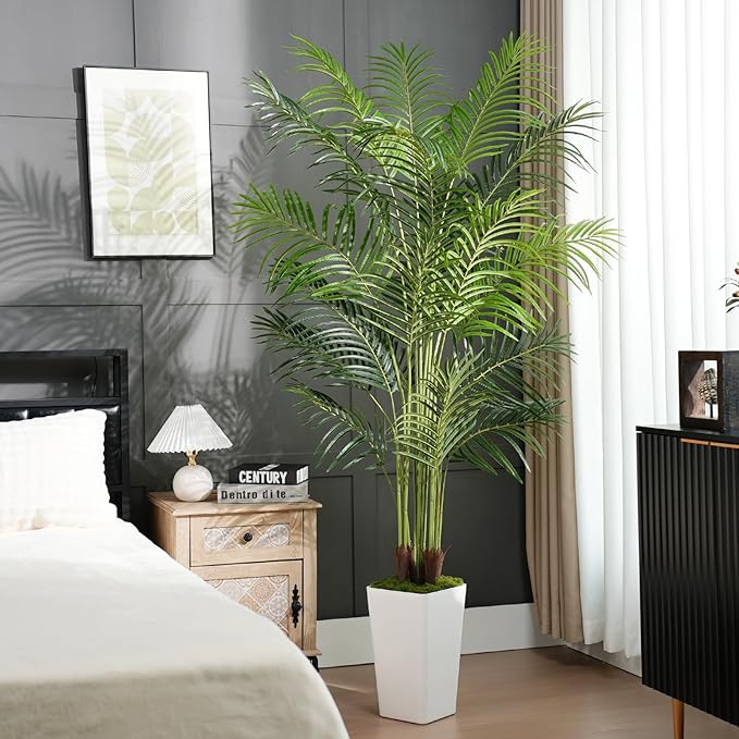 7ft Artificial Palm Tree with White Planter-Tall Artificial Indoor Plants, Fake Tropical Palm Tree, Faux Silk Plants for Home Office Living Room Bedroom Modern Decor