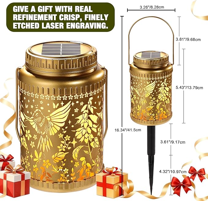 Cooo 2 Pack Solar Lanterns Outdoor Waterproof Hummingbird Red_Sage Solar Pathway Lights Landscape Path Christmas Gifts for Women Mom Grandma for Outdoor Table Lamps Garden Yard Backyard Decor -Gold