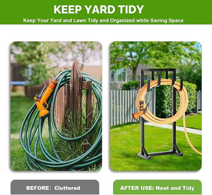 Heavy-Duty Garden Hose Holder with Stable Base and Tool Hooks, Freestanding Metal Hose Hanger Garden Hose Storage Holds 151Ft Hose, Rustproof Water Hose Holder for Outside Yard Lawn, Black