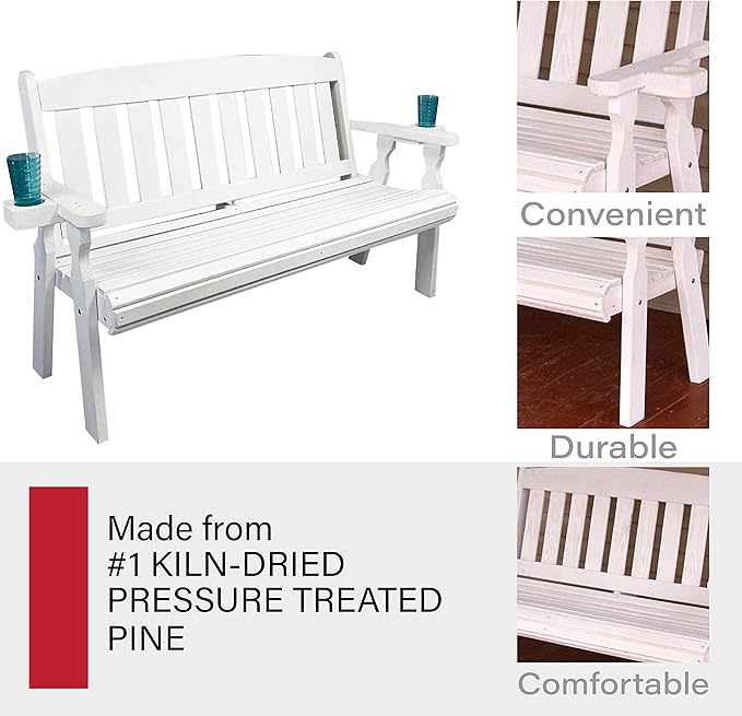 Amish Casual Heavy Duty 800 Lb Mission Pressure Treated Garden Bench with Cupholders (4 Foot, Semi-Solid White Stain)