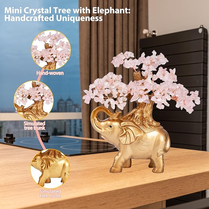 Rose Quartz Crystal Money Tree on Gold Mini Elephant Statue, 10”Gemstone Bonsai Tree of Life Home Décor Gifts for Wealth Positive Energy, Feng Shui Décor