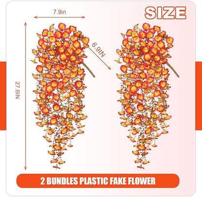 Fake Fall Hanging Flowers Artificial for Outdoor Decoration, 2 PCS Autumn Silk Faux Flowers Morning Glory with Eucalyptus Leaves, Realistic Hanging Plants for Wedding Home Office Garden Decor, Mix