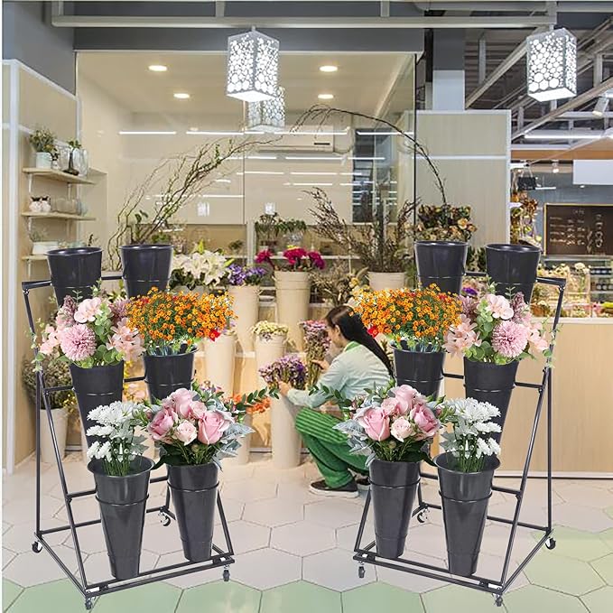 Flower Display Stand, Mobile Plant Cart shelve with Wheels, with Plastic Buckets, Easy to Install, Stepped Plant Stand, Suitable for Indoor and Outdoor Balcony Courtyard Garden Art Exhibitions ( Color