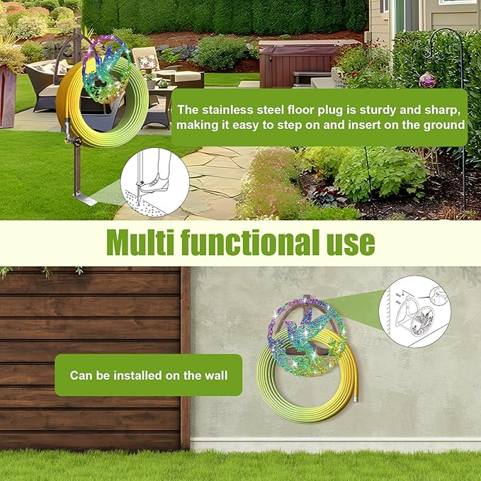 Garden Hose Holder Reel Retro Copper water hose holders for outside wall mountPlug-in multifunctional stainless steel hose storage rack Colorful hummingbird (Hummingbird)