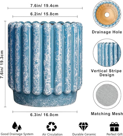 Ceramic Planter - 7.6 Inch Ceramic Plant Pots with Drainage Hole, Decorative Flower Pots for Indoor Outdoor, Fluted Round Planter, Room Home Decor, Plant Lover Gifts for Women, Blue