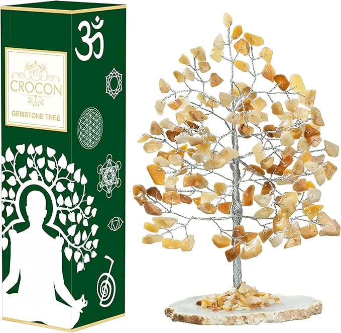 Crocon Yellow Aventurine Gemstone Money Tree Agate Slice Base Feng Shui Figurine Reiki Healing Crystals Chakra Balancing Good Luck Ornament Sculpture Mystical Home Decoration Size: 7"" """