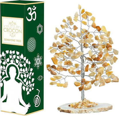 Crocon Yellow Aventurine Gemstone Money Tree Agate Slice Base Feng Shui Figurine Reiki Healing Crystals Chakra Balancing Good Luck Ornament Sculpture Mystical Home Decoration Size: 7"" """