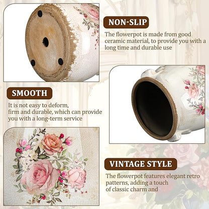 Ceramic Scroll Planter 6.5 Inch Chinoiserie Floral Vase with Drainage Holes Vintage Flower Vase Flower Pot Rustic Ceramic Pots for Indoor Plants Garden Home Bookshelf Decor(Ink Color)