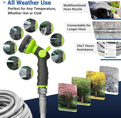 50 FT Stainless Steel Garden Hose – 304 Steel Heavy Duty Metal Hose, No-Kink, Puncture Resistant, Lightweight, Leak-Proof Swivel Fittings, 8-Pattern Nozzle for Garden, Yard, Outdoor Cleaning