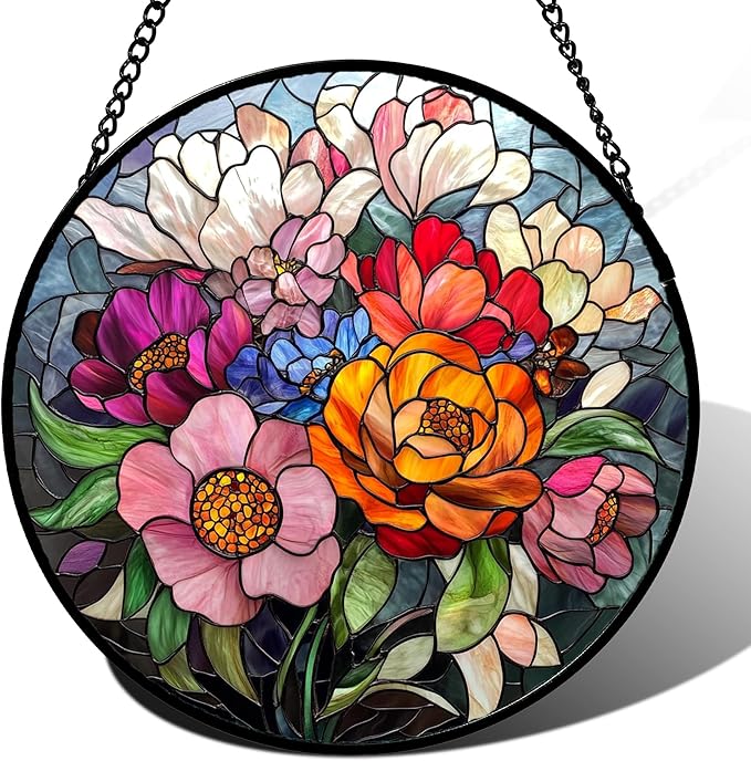 Stained Glass Window Hanging Flowers and Wildflowers 9.8" - Suncatcher Door Garden Sun Catcher Home Decor Birthday Thanksgiving Christmas for Mom Woman Nana Friend