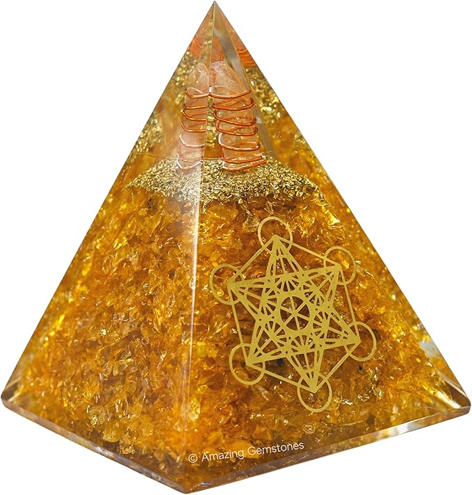 Amazing Gemstone Organite Orgone Pyramid Extra Large 105 MM - Orgone Energy Pyramid with Citrine Crystals and Healing Stone - Orgonite Pyramids Crystals and Positive Energy