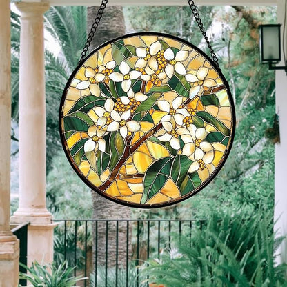 Stained Glass Window Hanging, White Flower Sun Catcher for Door Home Decor Plants Suncatcher Christmas Mother's Day Birthday Gifts for Women Men Mom and Nana 6.3 in