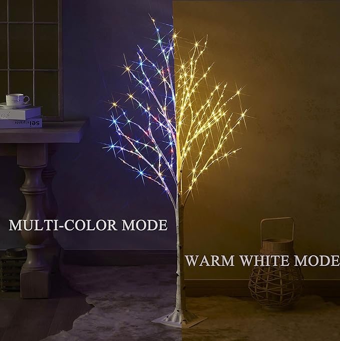 Hairui Lighted Birch Tree with 200L Multi Color and Warm White Fairy Lights 8 Functions 4FT, White Twig Tree with Lights for Indoor Outdoor Home Party Christmas Easter Decoration