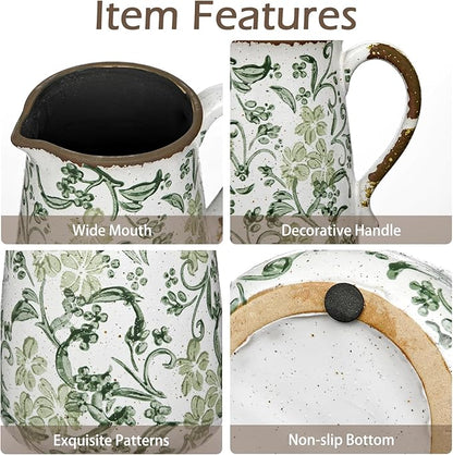 Ceramic Rustic Farmhouse Vase, 7.9" Green and White Vase for Centerpieces Chinoiserie Vases Pottery Jug with Handle Chinoiserie French Country Decor Vintage Vases for Living Room Kitchen Dinner Table