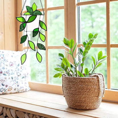 Green Plant Stained Glass Window Hanging,Handcrafted Real Stained Glass Panel Plant Suncatchers for Home Indoor Window Decor, Gifts for Plant Lovers,Women,Mother's Day,Christmas Day