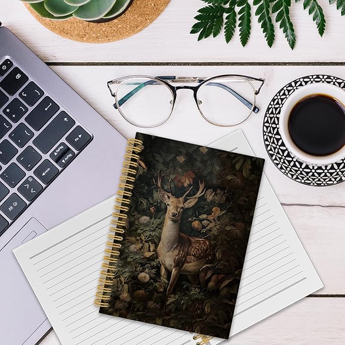 XPH William Morris Deer Spiral Notebook, Dark Cottagecore Journaling Notebooks for Note Taking, Vintage Botanical Buck Hardcover Journal for Writing 160 Pages 5.5 x 8.3 Inch, Deer Gifts for Women