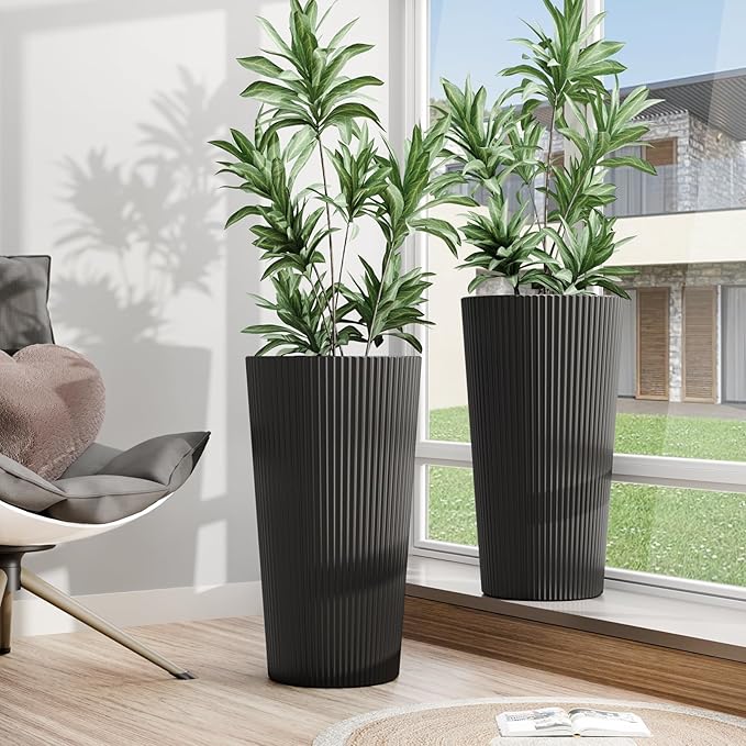 Tall Outdoor Planter Front Porch Decor Set of 2-23.6" H Tall Planters for Outdoor Plants with Drainage Hole, Round Conical Design Flower Pots for Indoor/Patio/Garden, Black