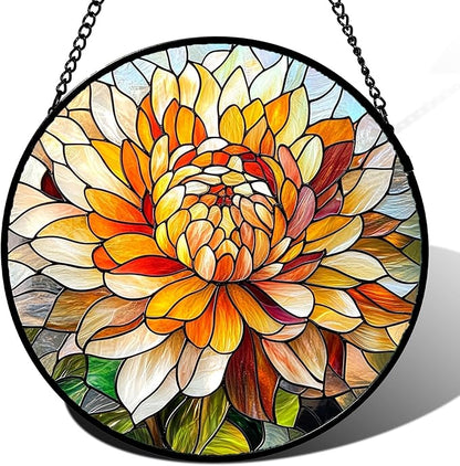 Stained Glass Window Hanging - Chrysanthemum Suncatcher for Doors Garden Patio Birth Flowers Sun Catchers Decor Christmas Mother's Day Birthday Gifts for Women Men Mom Nana Friend 7.8 in