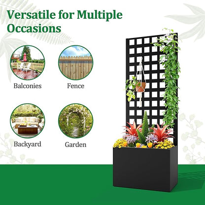 Metal Raised Garden Bed with Trellis, 2 in 1 Trellis with Planter Box & Privacy Screen for Climbing Plants, Vine, Outdoor Standing Flower Beds with Drainage Holes, 23.6" L x 11.8" W x 63" H, Black