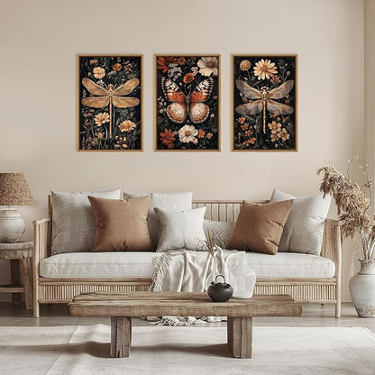 Large Vintage Butterfly and Dragonfly Wall Decor Framed Canvas Wall Art,Retro Dark Animal Floral Wall Decor, Moody Insect Wildflowers Botanical Artwork for Living Room,Bedroom,office-24 x36 x3