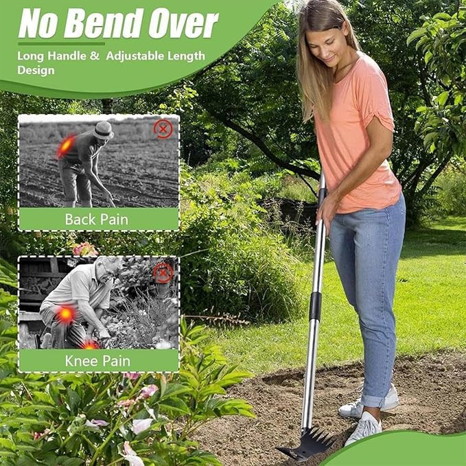 Hoe Garden Tool, 58" Weed Puller Tool with Long Handle, 2 in 1 Hand Weed Rake and Hoe Garden Weeder Tool, Uprooting Pulling Weed Remover Tool for Yard, Patio, Lawn and Garden