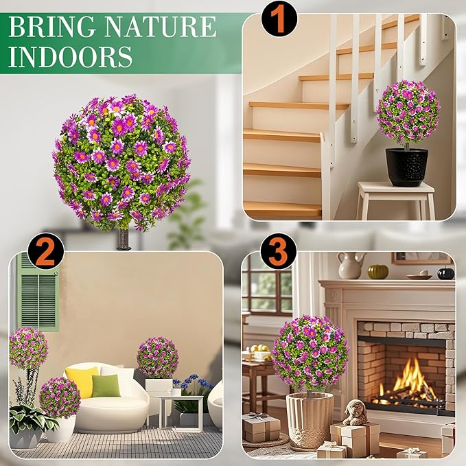 25" Artificial Boxwood Topiary Ball Trees with Purple Daisy, Fake Mums Plants with Ground Spike，Set of 2 UV Resistant Faux Bushes, Fake Shrubs for Garden, Patio, Porch, Yard, Indoor